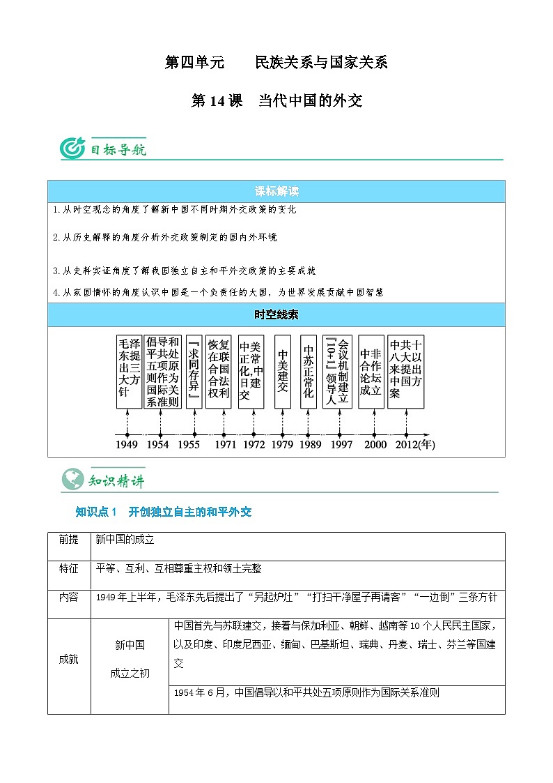 【同步讲义】高中历史统编版-选修第一册：第14课《当代中国的外交》讲义（解析版）第1页