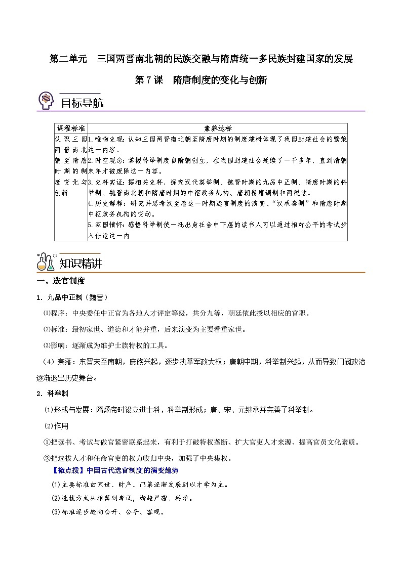 【同步讲义】高中历史（中外历史纲要上）-第07课《隋唐制度的变化与创新》讲义01