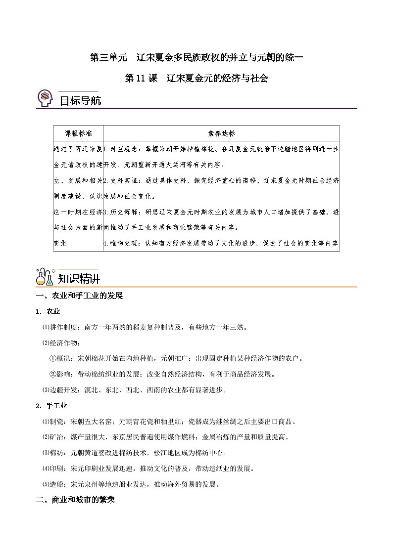 【同步讲义】高中历史（中外历史纲要上）-第11课《辽宋夏金元的经济与社会》讲义01