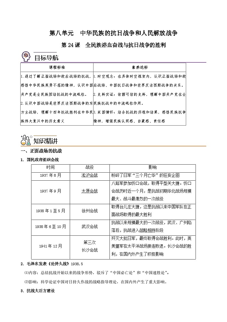 【同步讲义】高中历史（中外历史纲要上）-第24课《全民族浴血奋战与抗日战争的胜利》讲义01