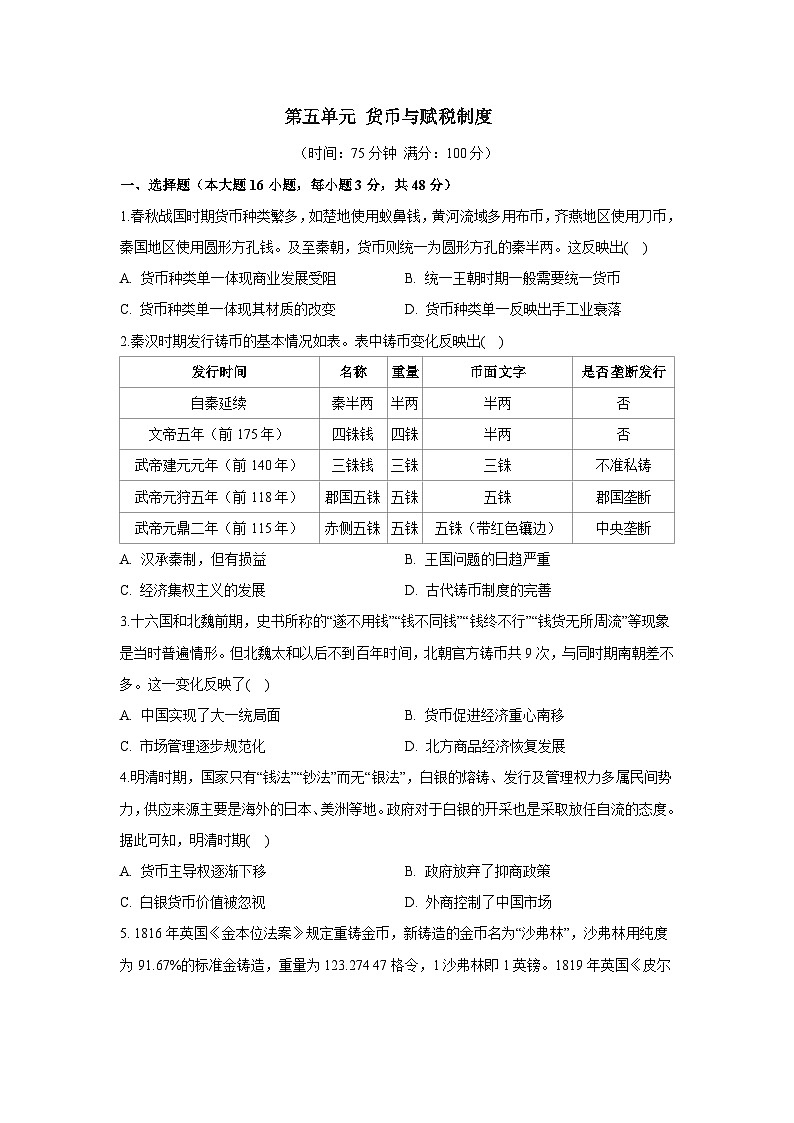 第五单元 货币与赋税制度 单元检测--2023-2024学年高二上学期历史统编版（2019）选择性必修1第1页