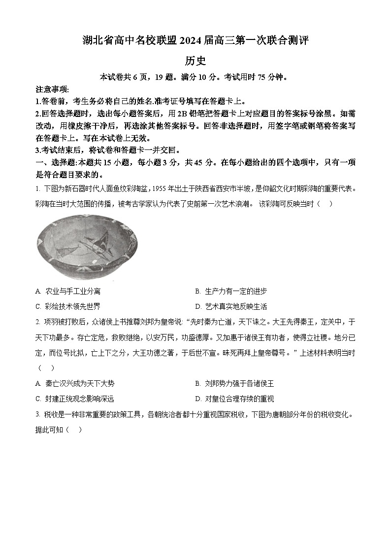 2024湖北省高中名校联盟高三上学期第一次联合测评历史试题含解析01
