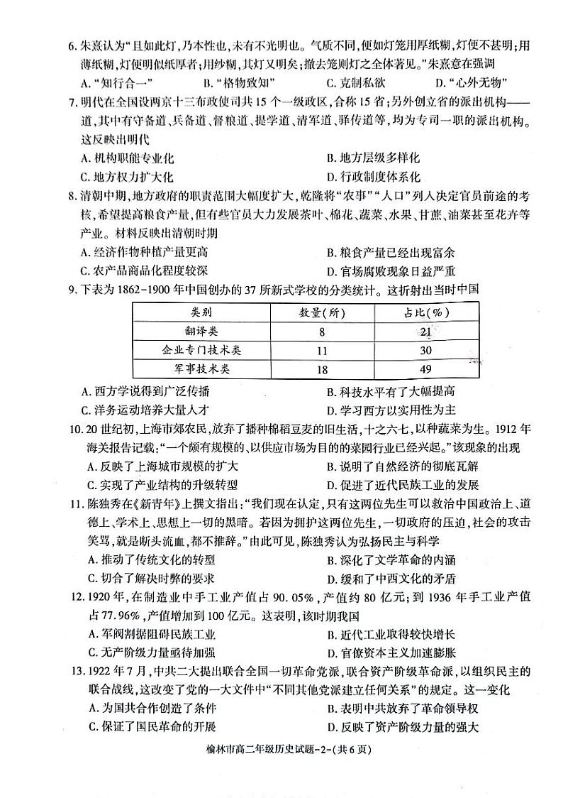 2023榆林高二下学期期末考试历史PDF版含答案第2页