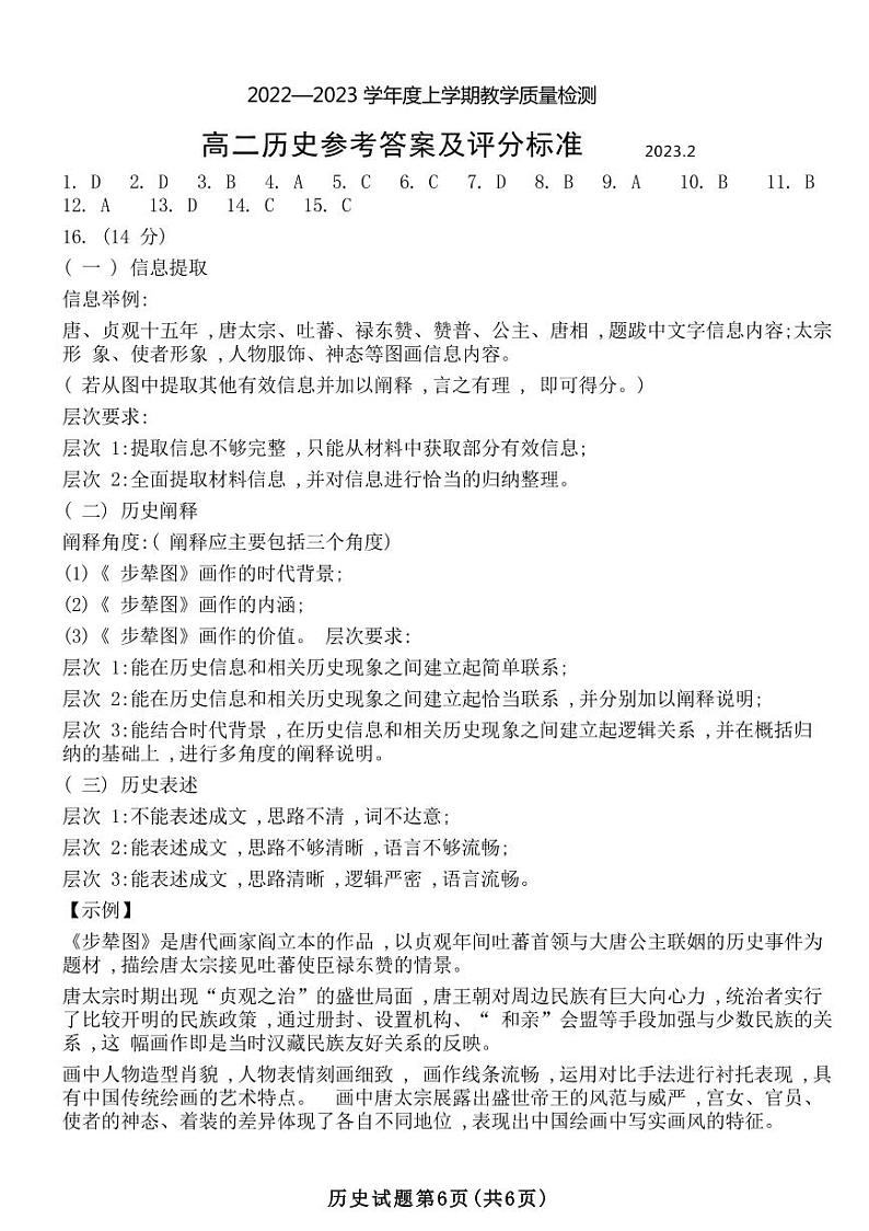 山东省临沂市2022-2023学年高二下学期2月学科素养水平监测历史答案第1页