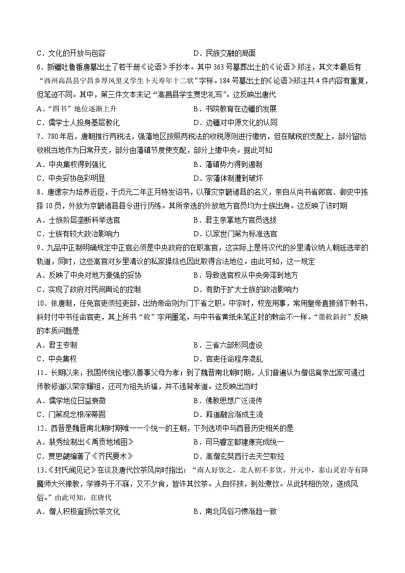 专题二 魏晋至隋唐：民族交融与统一多民族封建国家的发展-2024年高考历史一轮复习讲练测（新教材新高考）（原卷版）第2页
