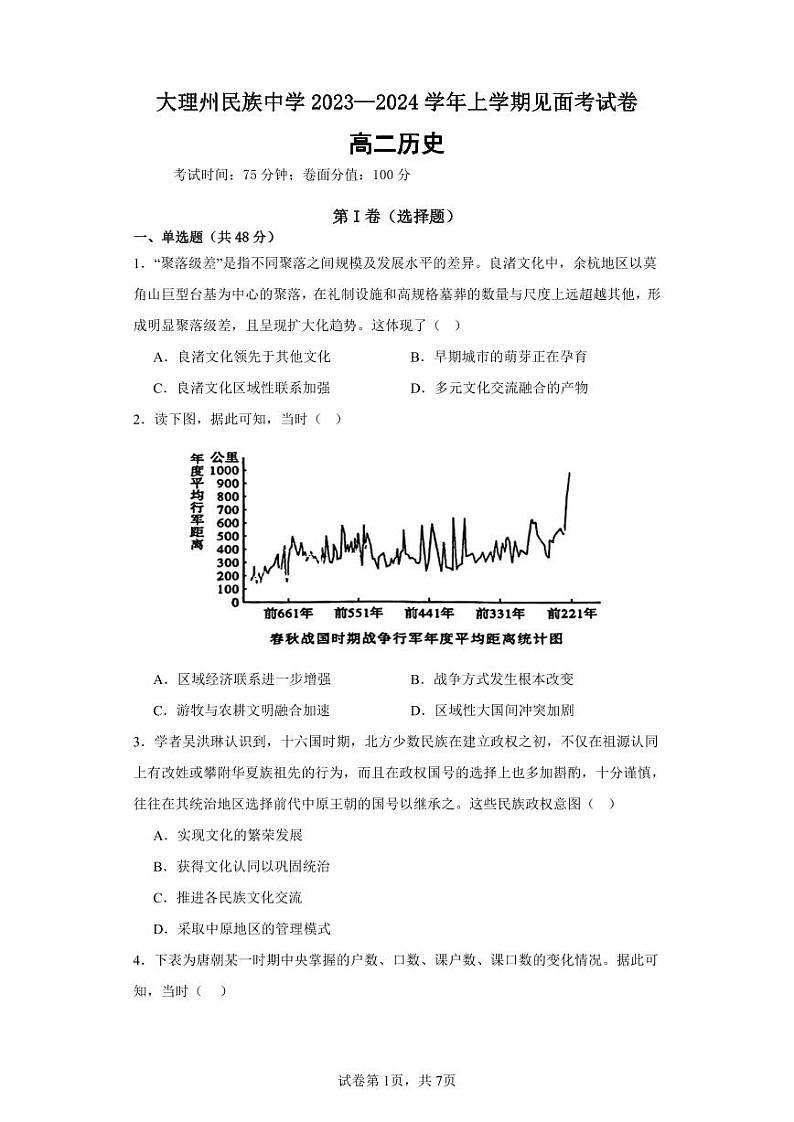 大理州民族中学2023—2024学年上学高二历史见面考试卷第1页