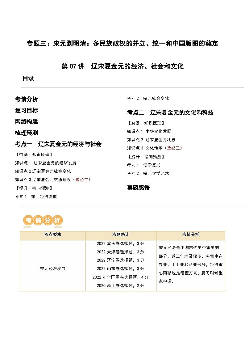 第07讲 辽宋夏金元的经济、社会和文化-2024年高考历史一轮复习讲练测（新教材新高考）（原卷版）01