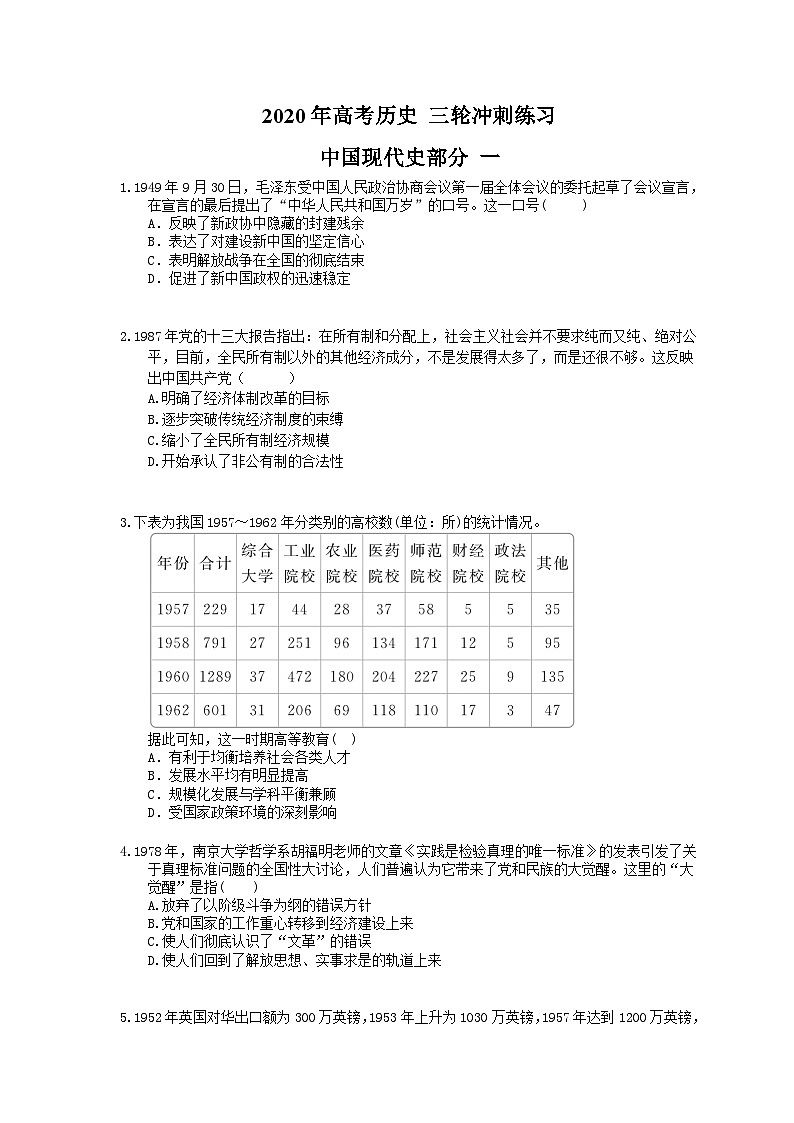 高考历史 三轮冲刺练习 中国现代史部分 一(20题含答案解析)01