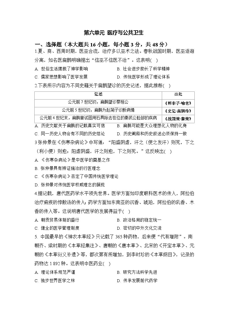 第六单元 医疗与公共卫生 单元检测--2022-2023学年高二历史统编版（2019）选择性必修2第1页