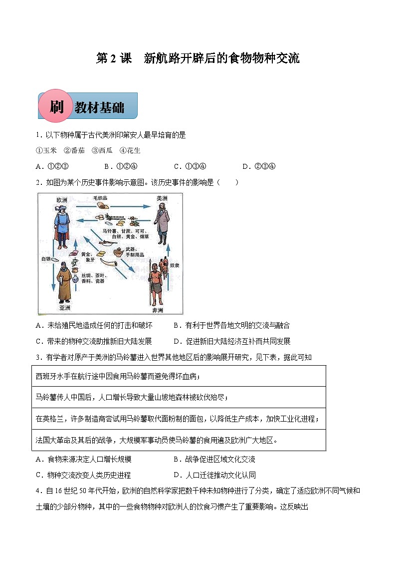 第2课 新航路开辟后的食物物种交流（原卷版）-【必刷题】2021-2022学年高二历史同步练习（选择性必修2）01