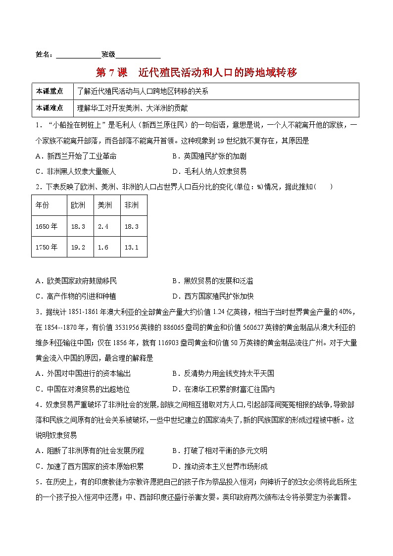 第7课　近代殖民活动和人口的跨地域转移-2021-2022学年高二历史课后培优练（选择性必修3文化交流与传播）(原卷版)01