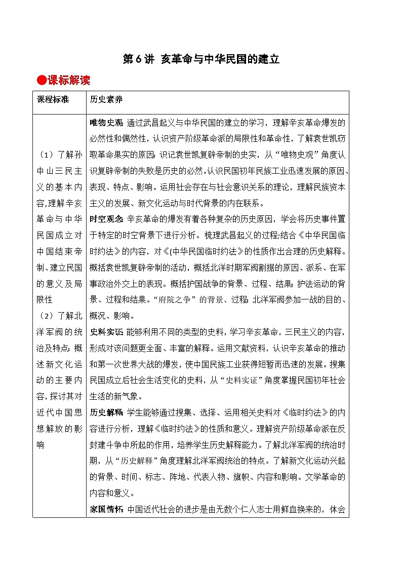 第6讲 亥革命与中华民国的建立-【寒假自学课】2022年高一历史寒假精品课（统编版纲要上）（原卷版）01