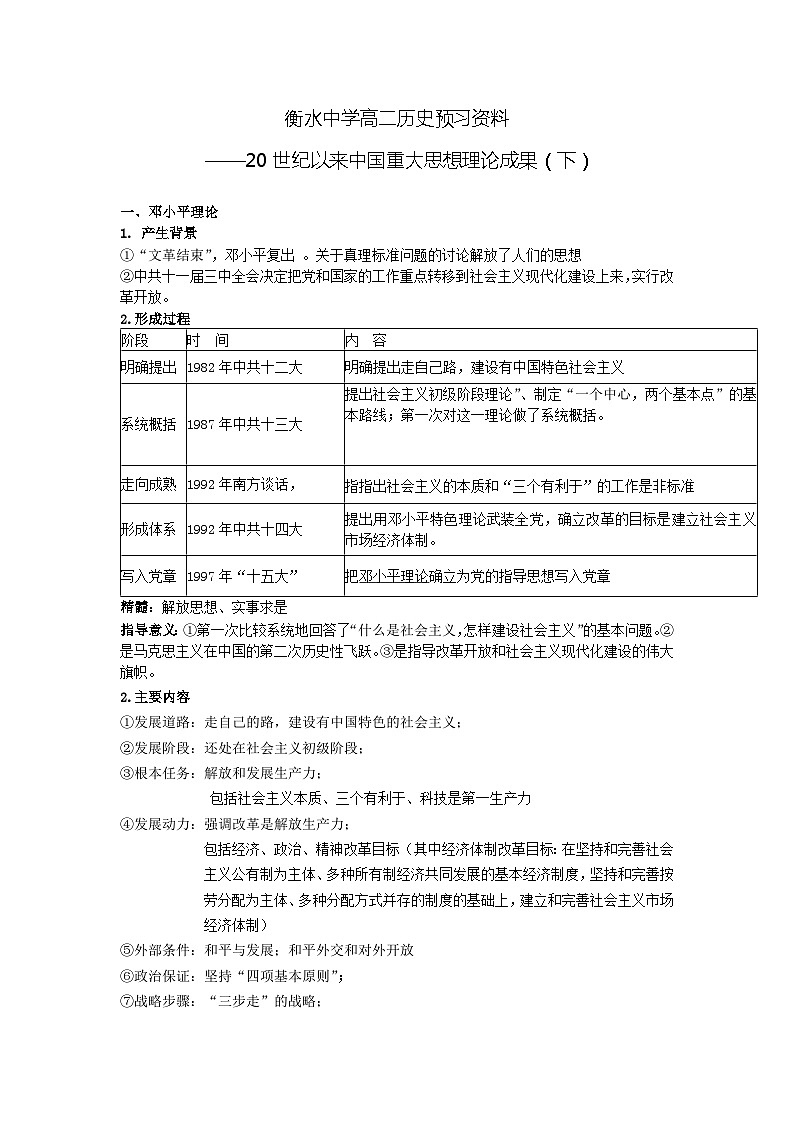 08 衡水中学高二历史预习资料——20世纪以来中国重大思想理论成果（下）01