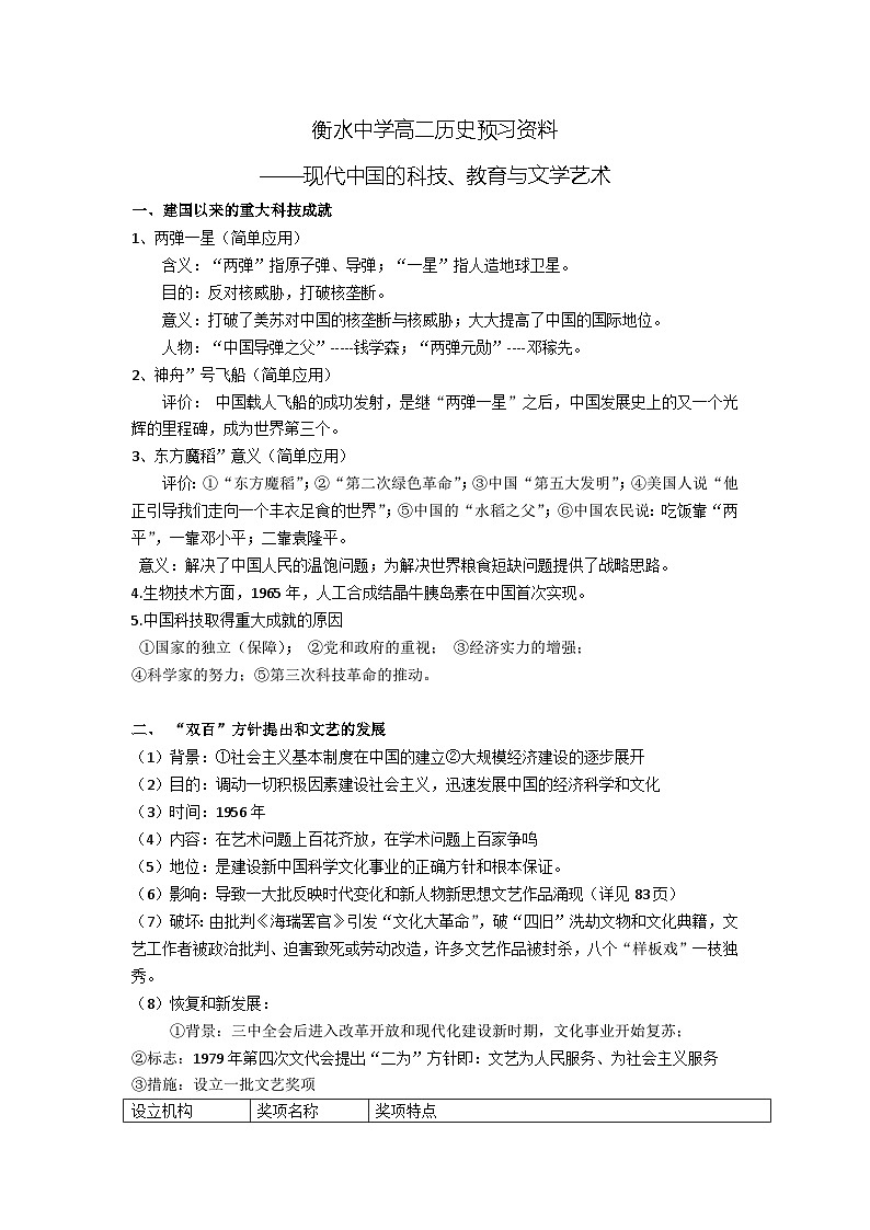 09 衡水中学高二历史预习资料——现代中国的科技、教育与文学艺术01