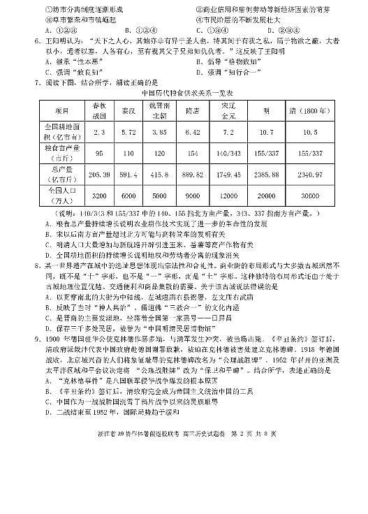 2022届浙江省A9协作体高三上学期暑假返校联考历史试题 PDF版第2页