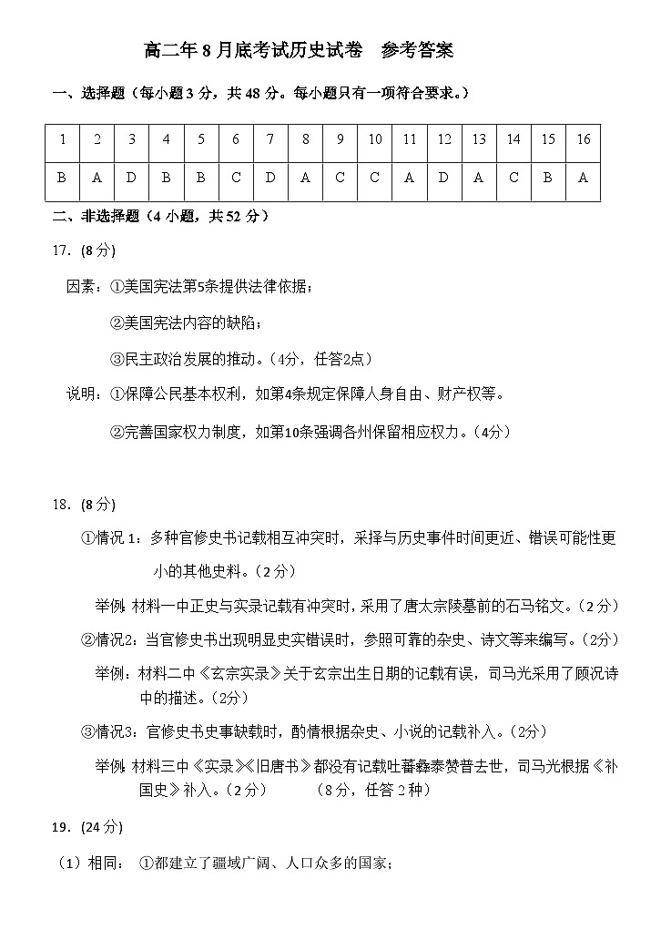 高二年8月底考试历史试卷  参考答案第1页
