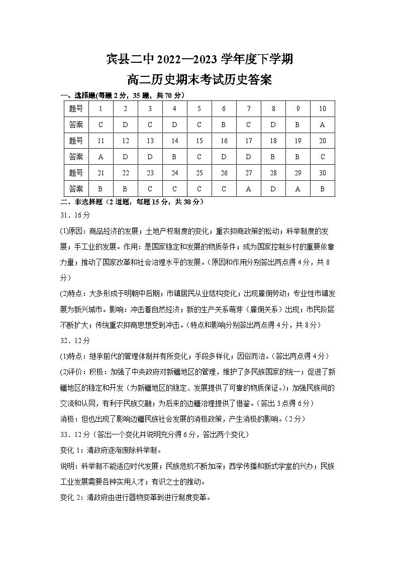 黑龙江省哈尔滨市宾县第二中学2023-2024学年高三上学期期初学业质量检测历史试卷01