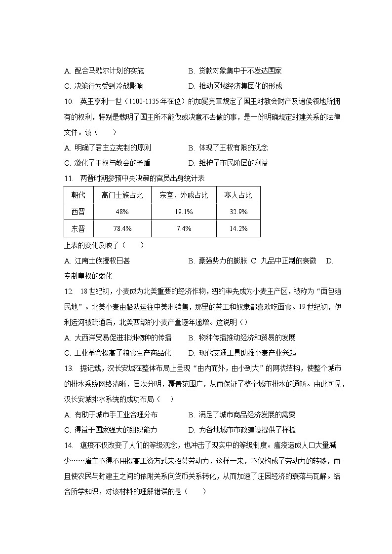 2023-2024学年湖南省高三（上）入学调研历史试卷（含解析）03