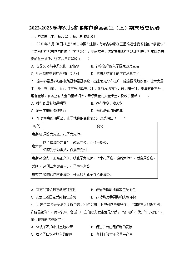 2022-2023学年河北省邯郸市魏县高三（上）期末历史试卷（含解析）01