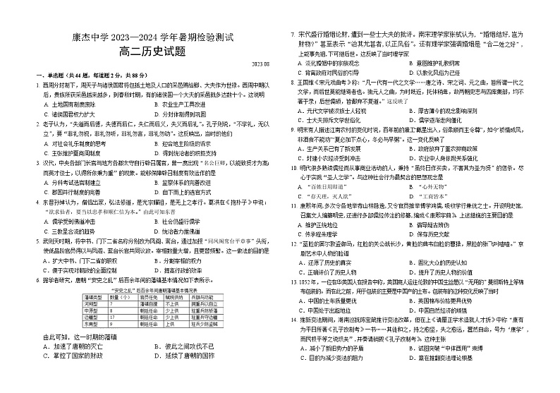 2024运城康杰中学高二上学期开学考试历史试题含答案01