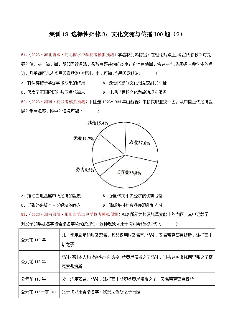 集训18 选择性必修3：文化交流与传播100题（2）- 备战2024年高考历史专项提分集训900题（统编版）（原卷版）第1页