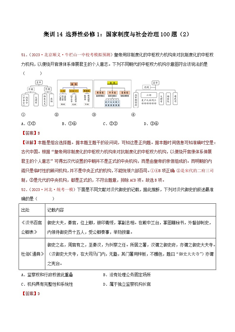集训14 选择性必修1：国家制度与社会治理100题（2）- 备战2024年高考历史专项提分集训900题（统编版）（解析版）第1页