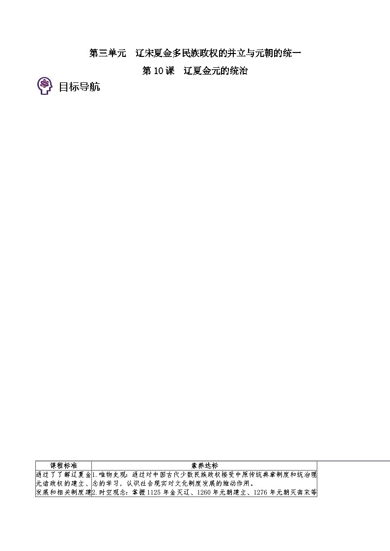 第10课 辽夏金元的统治-2023历史同步精品讲义（人教统编版中外历史纲要上）01
