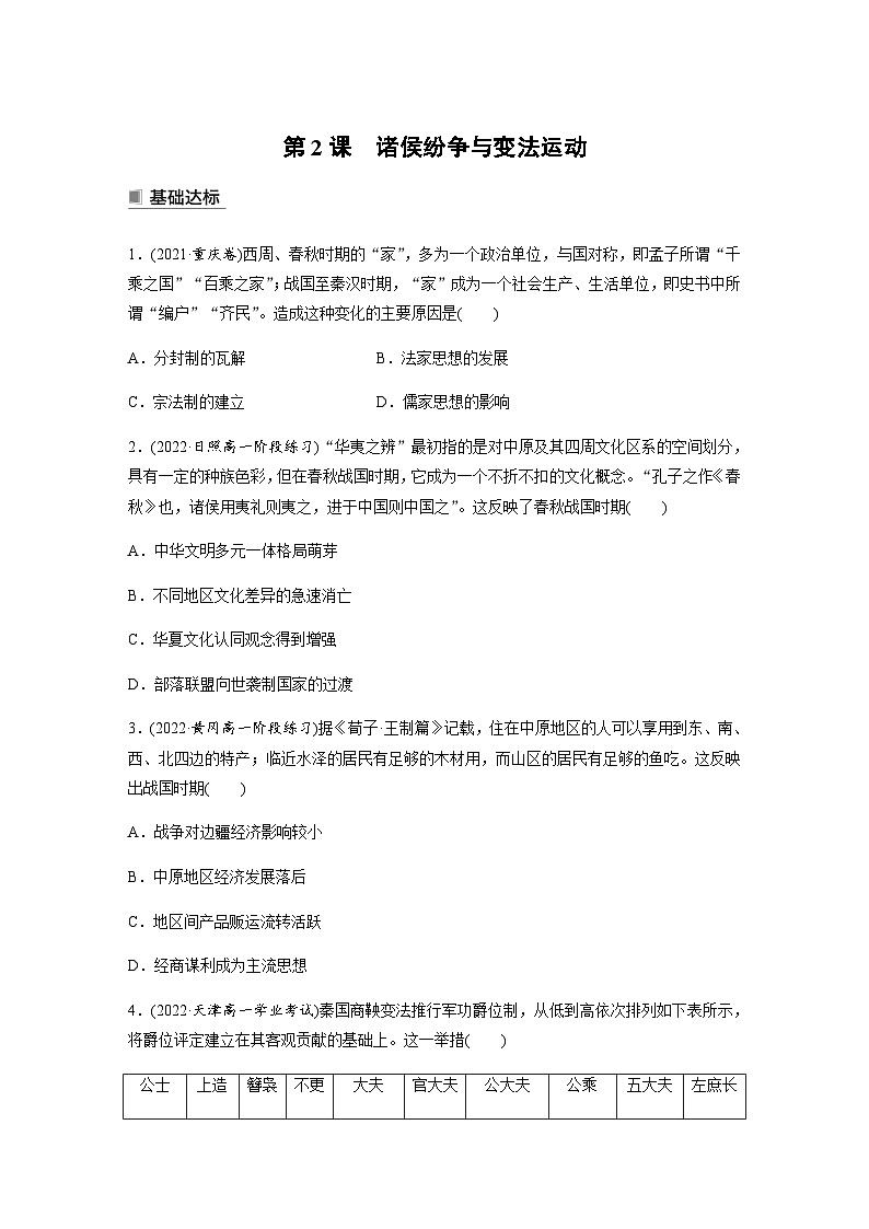 第2课　诸侯纷争与变法运动  课时练（含答案）第1页