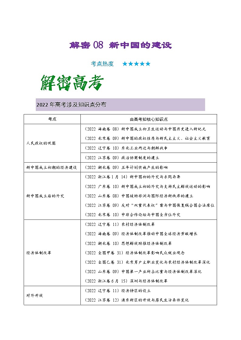 解密08 新中国的建设（复习讲义）-【高频考点解密】2023年高考历史二轮复习（统编版通用）01
