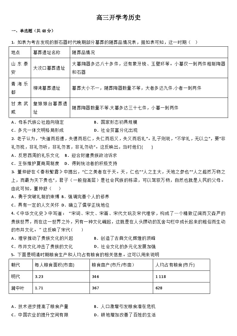 吉林省梅河口市第五中学2023-2024学年高三上学期开学历史试题01