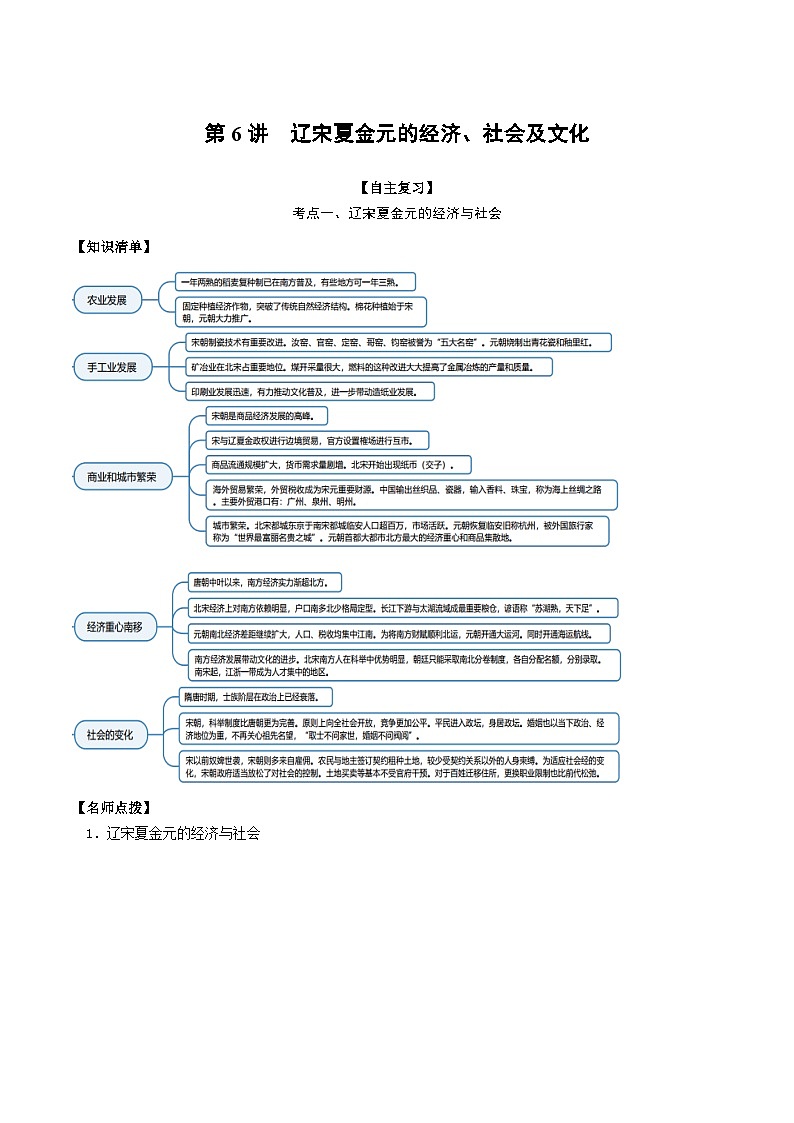 第06讲 辽宋夏金元的经济、社会及文化-2022年新高考历史一轮复习思维导图+真题演练（中外历史纲要上）第1页