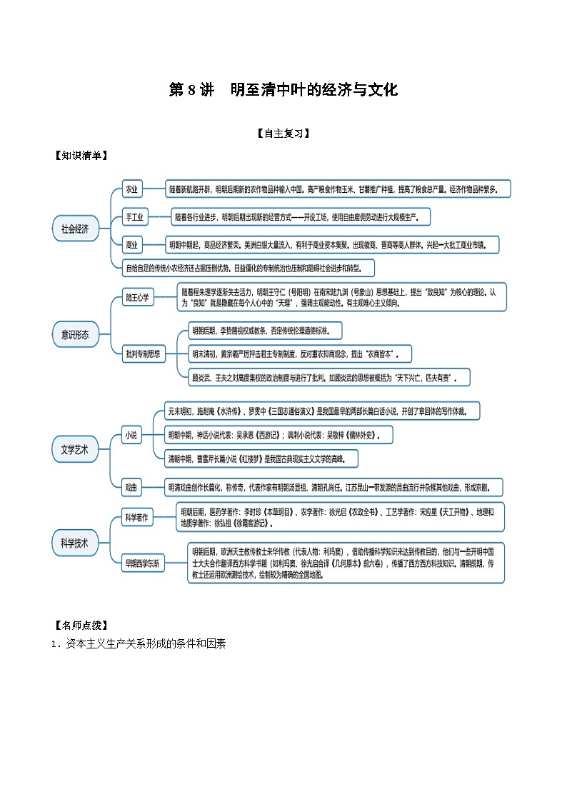 第08讲 明至清中叶的经济与文化-2022年新高考历史一轮复习思维导图+真题演练（中外历史纲要上）第1页