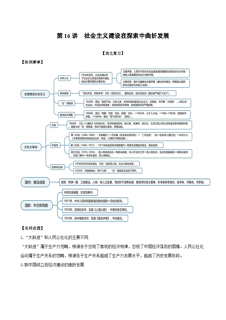 第16讲 社会主义建设在探索中曲折发展-2022年新高考历史一轮复习思维导图+真题演练（中外历史纲要上）第1页