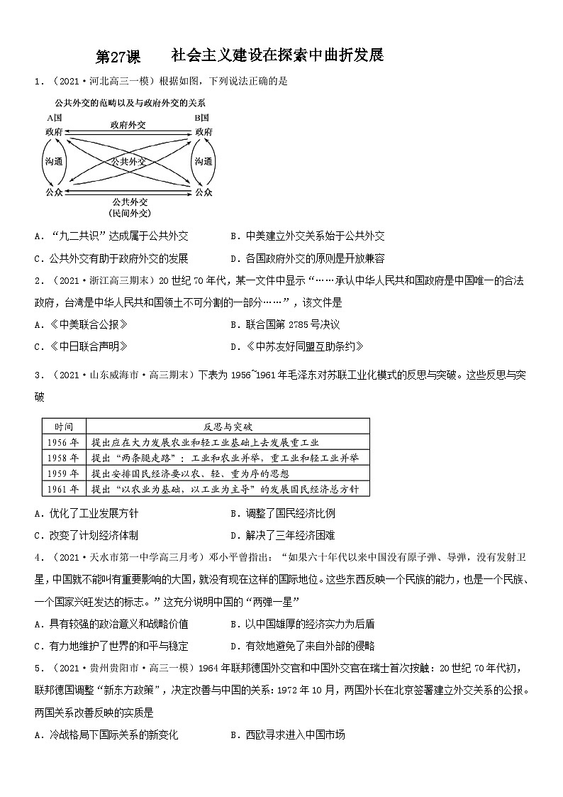 第27课 社会主义建设在探索中曲折发展--2022年新高考历史一轮复习课时刷题练第1页