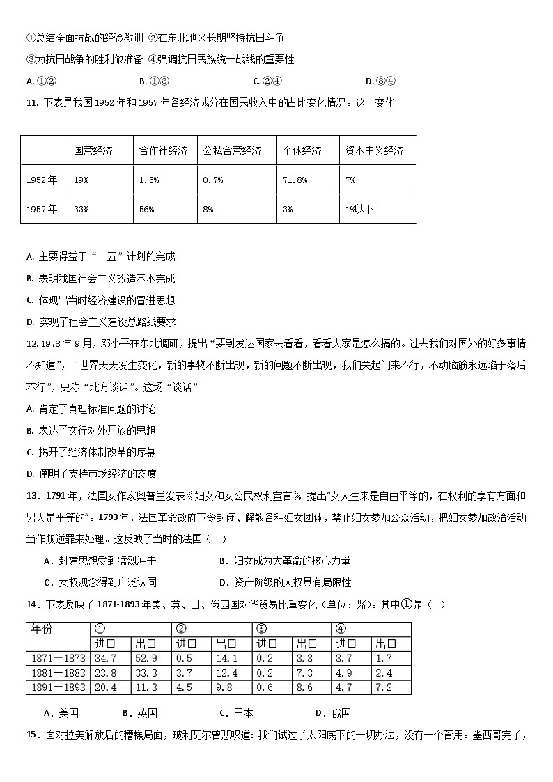 吉林省梅河口市第五中学2023-2024学年高三上学期开学历史试题03