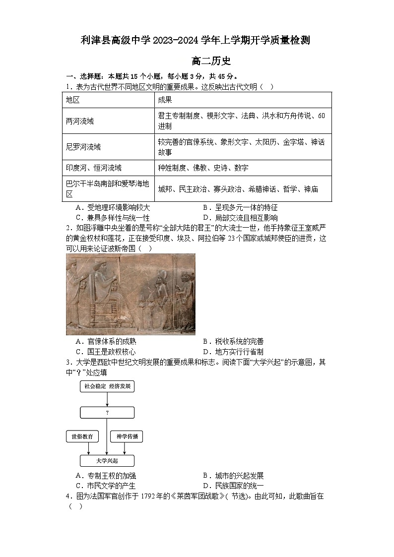 山东省利津县高级中学2023-2024学年高二上学期开学考试历史试题第1页