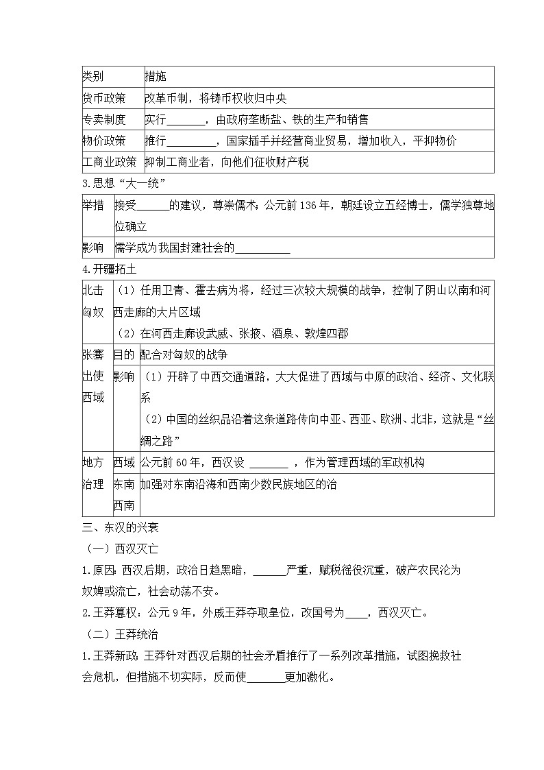 第4课 西汉与东汉——统一多民族封建国家的巩固 导学案--2023-2024学年高一上学期统编版（2019）必修中外历史纲要上02