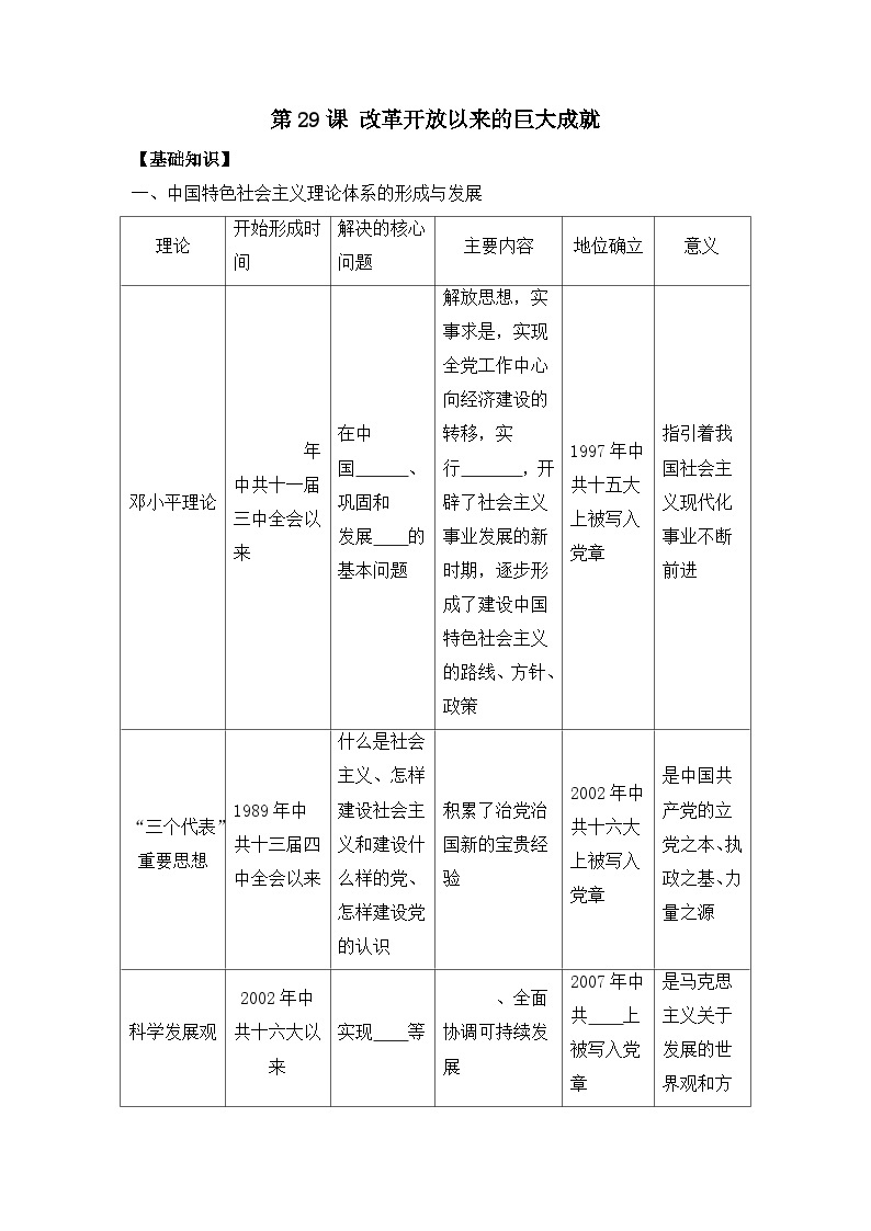 第29课 改革开放以来的巨大成就 导学案--2023-2024学年高一上学期统编版（2019）必修中外历史纲要上01