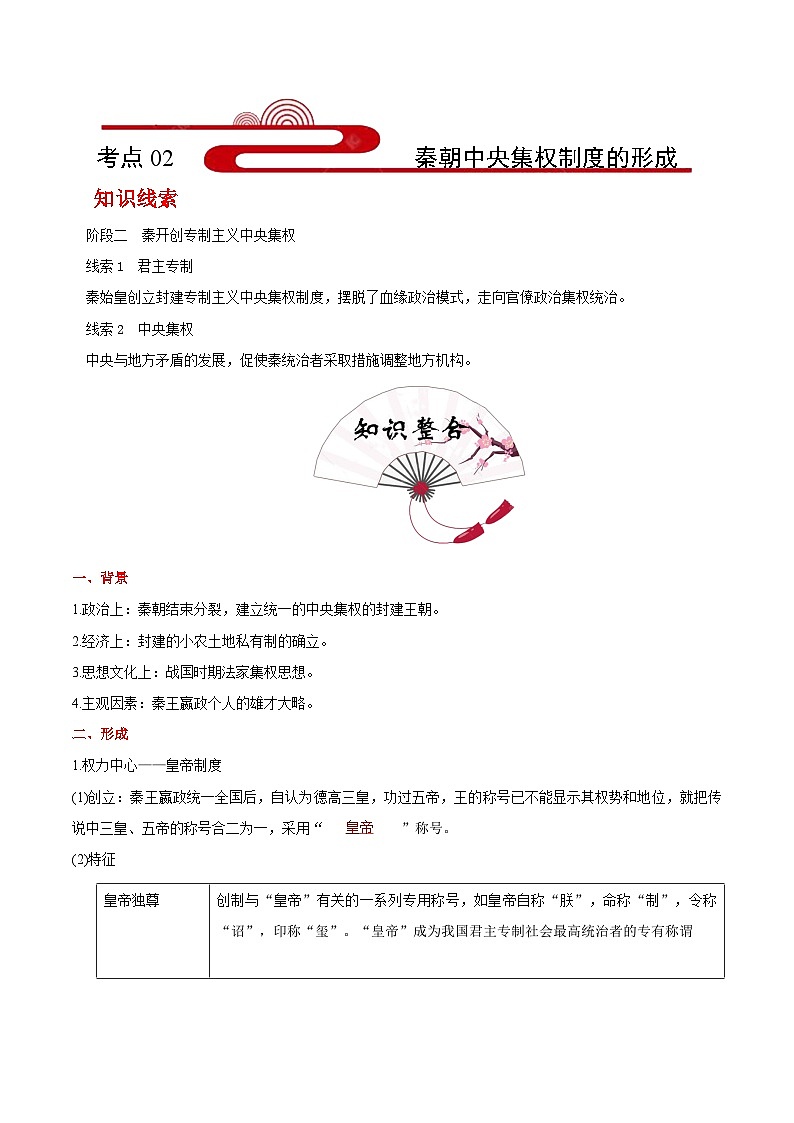 考点02  秦朝中央集权制度的形成(过知识)-备战2021年高考历史一轮复习考点帮第1页
