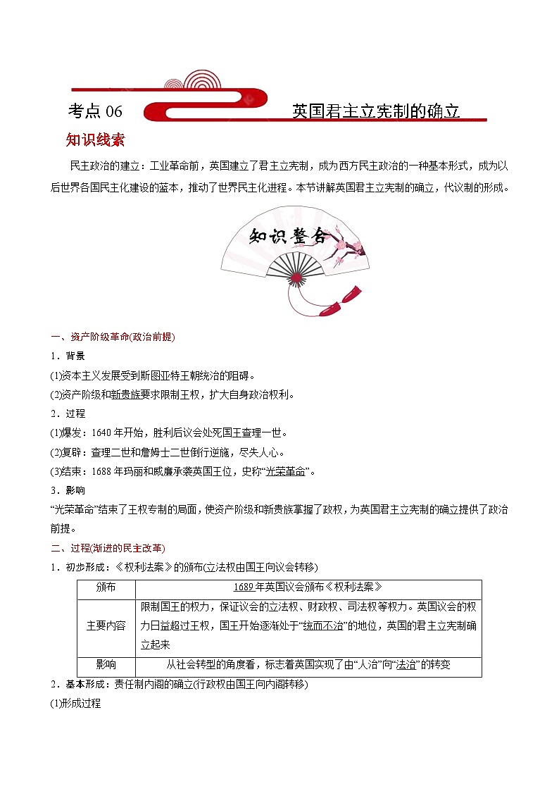 考点06  英国君主立宪制的确立(过知识)-备战2021年高考历史一轮复习考点帮 试卷01