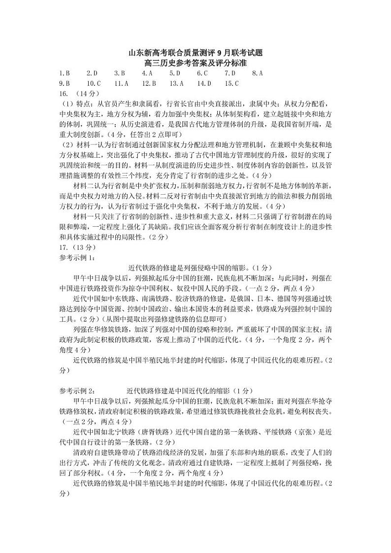 山东省新高考联合质量测评2023-2024学年高三上学期开学考试历史试题01