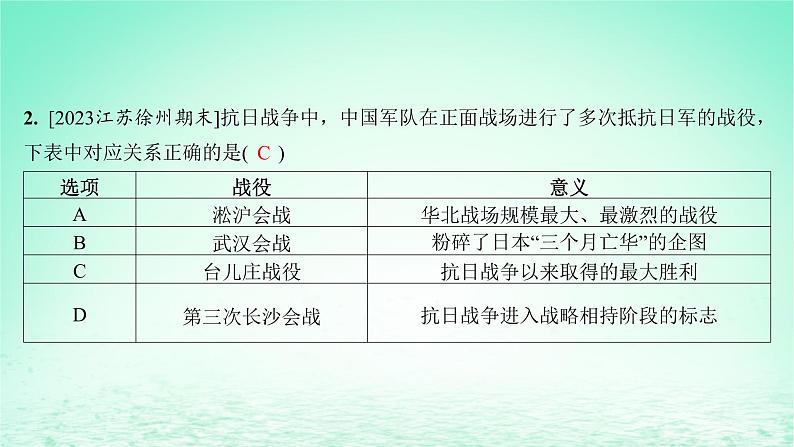 江苏专版2023_2024学年新教材高中历史第八单元中华民族的抗日战争和人民解放战争第23课全民族浴血奋战与抗日战争的胜利分层作业课件部编版必修中外历史纲要上03