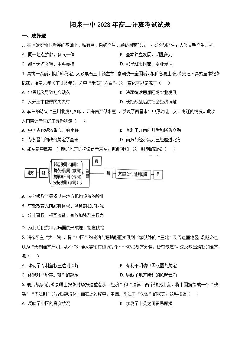 2024阳泉一中高二上学期开学考试历史试题含解析01