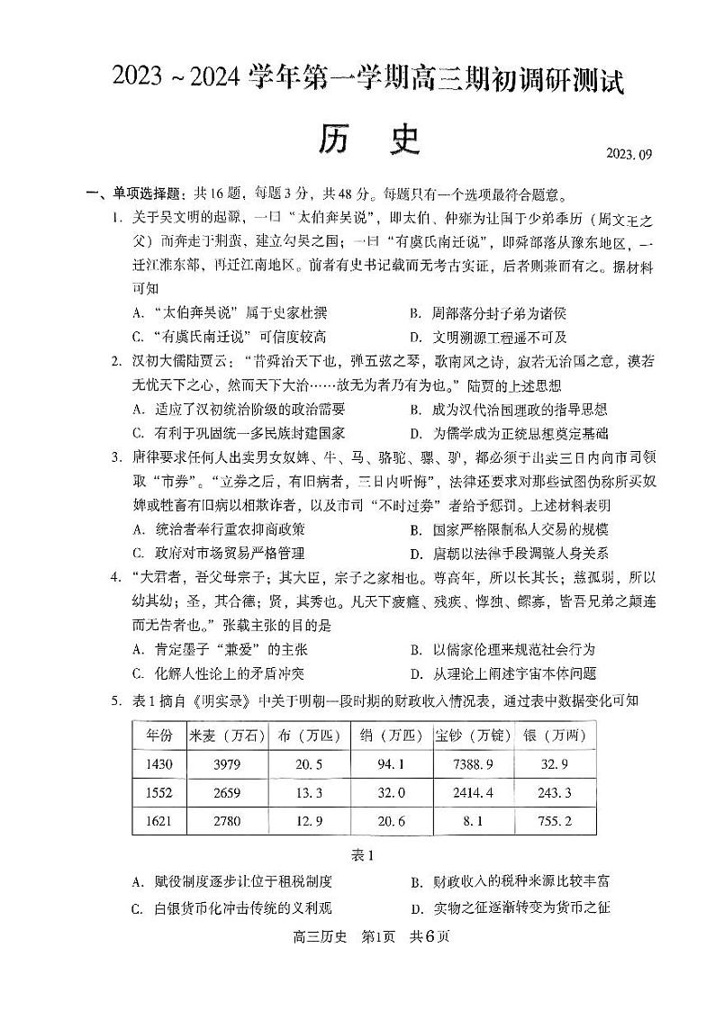 江苏省苏州市2023-2024学年高三上学期期初调研测试历史试题第1页