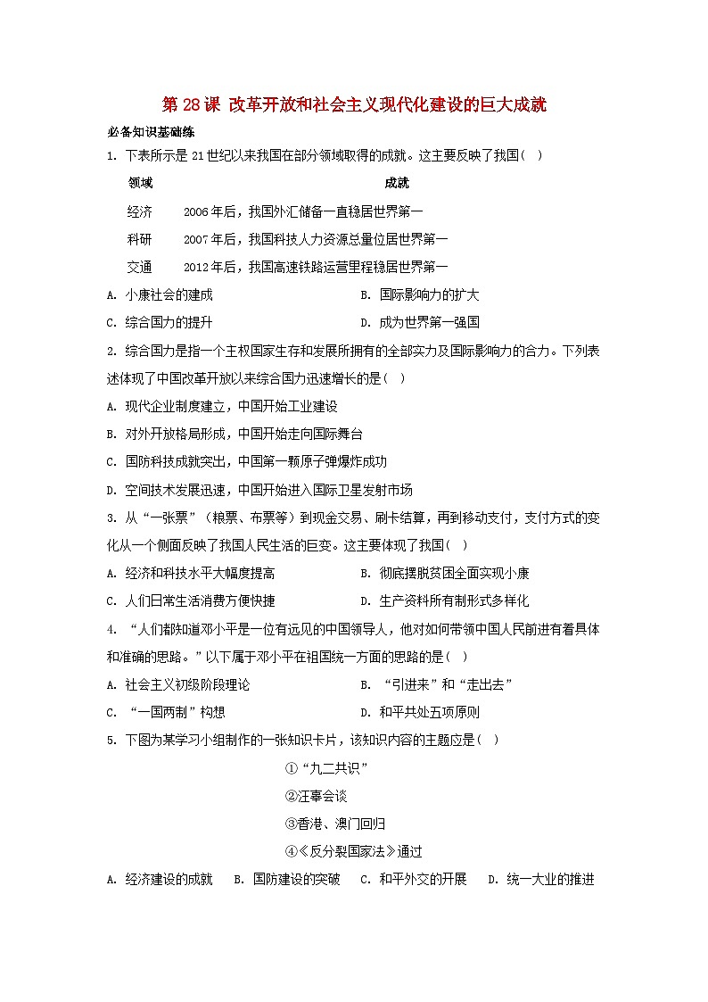 江苏专版2023_2024学年新教材高中历史第十单元改革开放和社会主义现代化建设新时期第28课改革开放和社会主义现代化建设的巨大成就分层作业部编版必修中外历史纲要上01