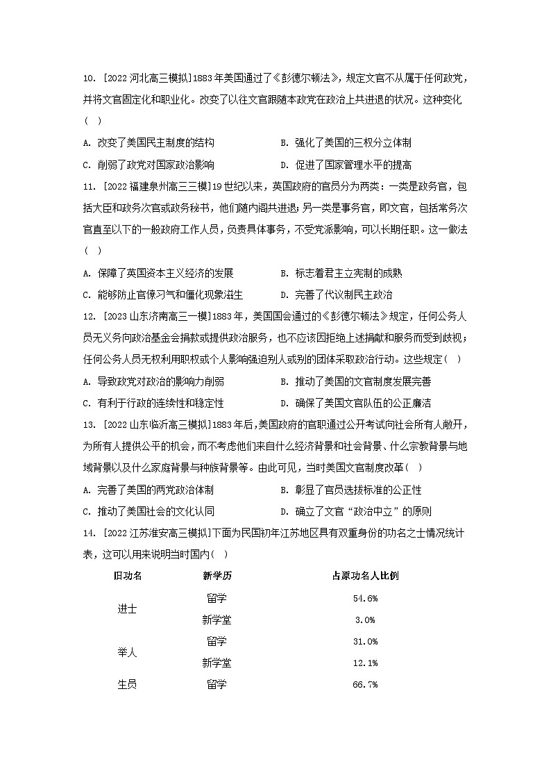 江苏专版2023_2024学年新教材高中历史第二单元官员的选拔与管理单元测评部编版选择性必修103