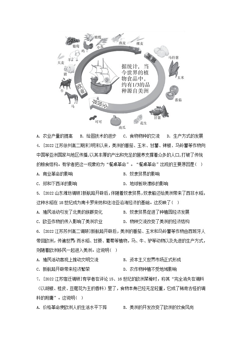 江苏专版2023_2024学年新教材高中历史第一单元食物生产与社会生活第二课新航路开辟后的食物物种交流分层作业部编版选择性必修202