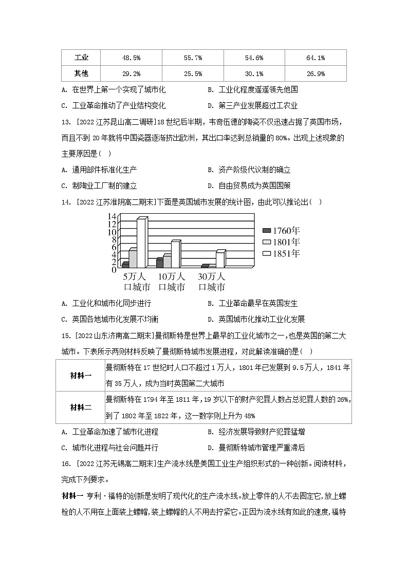 江苏专版2023_2024学年新教材高中历史第二单元生产工具与劳作方式第五课工业革命与工厂制度分层作业部编版选择性必修203