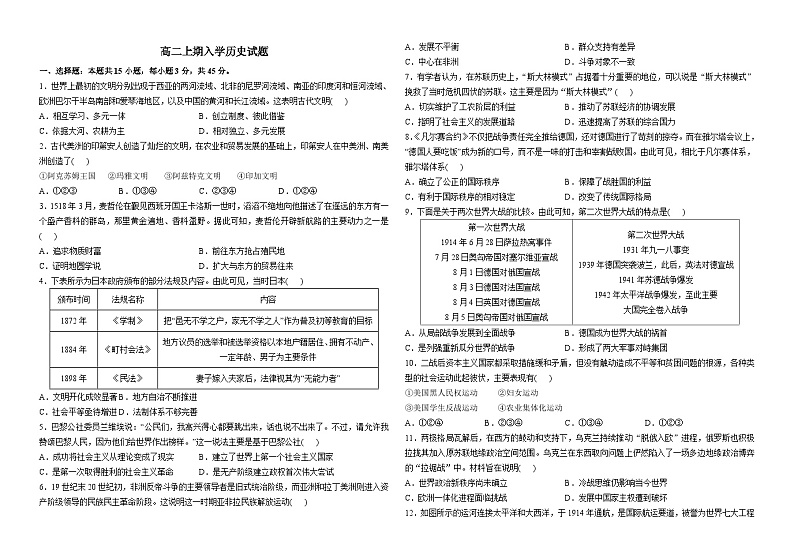 河南省扶沟县高级中学2023-2024学年高二上学期入学检测历史试题第1页