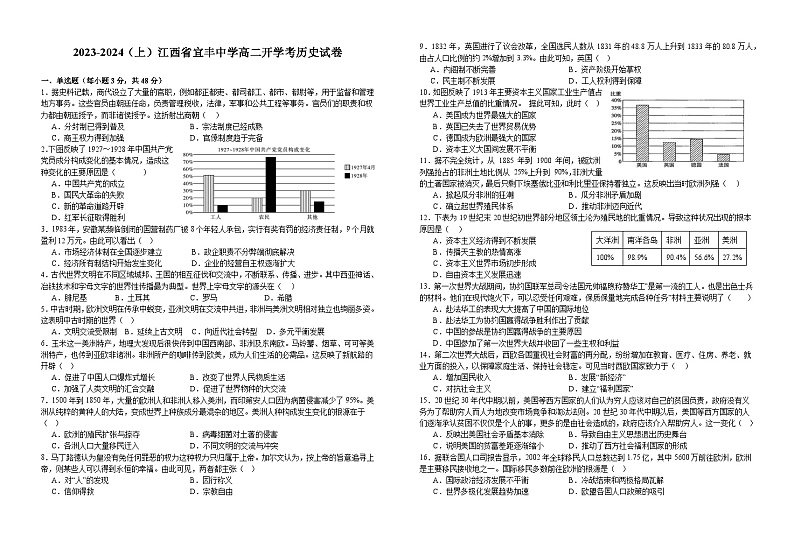 江西省宜春市宜丰中学2023-2024学年高二上学期开学考试历史试题01
